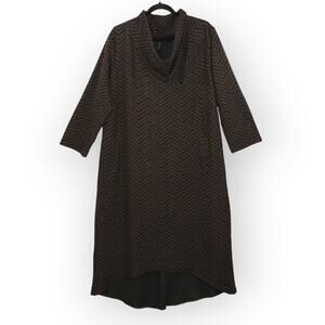 Una Bellinky-A-Nounke Dress L/XL Brown~Black Chevron Midi Cowl Pockets Cozy